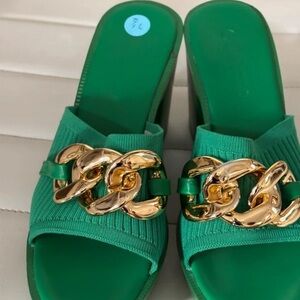 Emerald Green Slip-On Mules with Gold Chain Trim